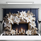 Lofaris Elegant Christmas Fireplace Photography Backdrop Gold and White Paper Poinsettias Modern Holiday Studio Prop